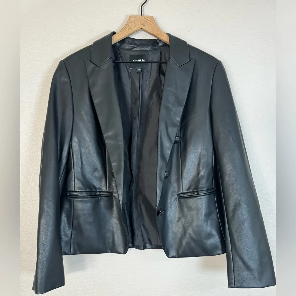 Express Women's Faux Leather Black Blazer Jacket size Large  $158 - Image 10
