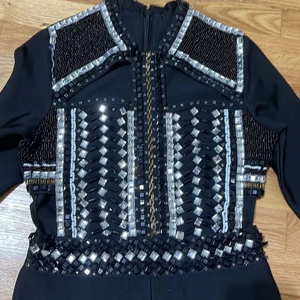 None Black Long Sleeve Jumpsuit with Geometric Accents - Image 3