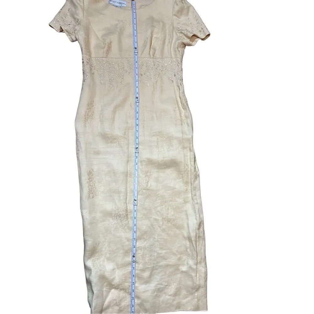Vintage Maggy London Light Pastel Yellow embroidered linen maxi sheath dress sz - Image 10