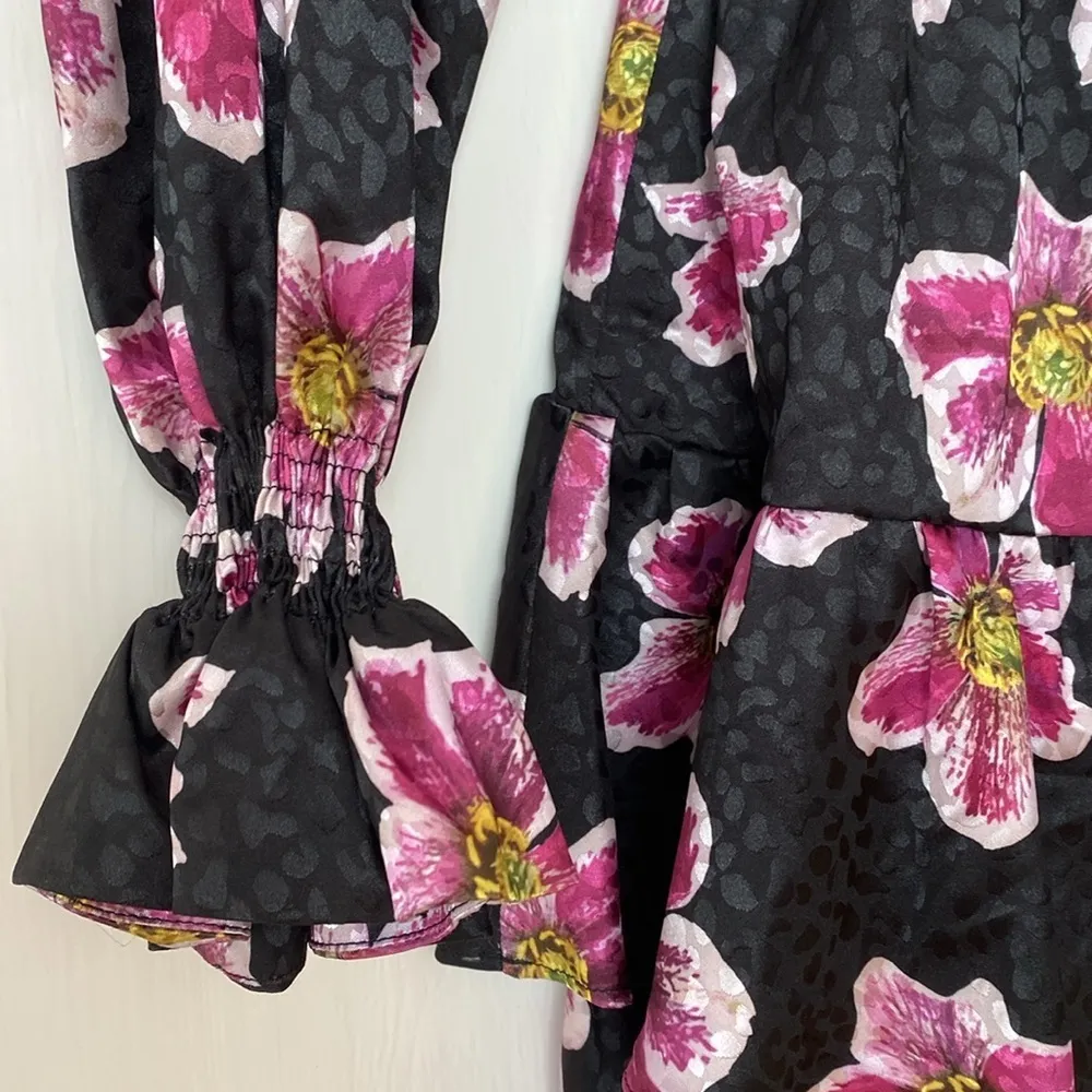 Borgo De Nor Black Purple Yulia Floral High Neck Ruffle Satin Dress Size 2 Sz XS - Image 4