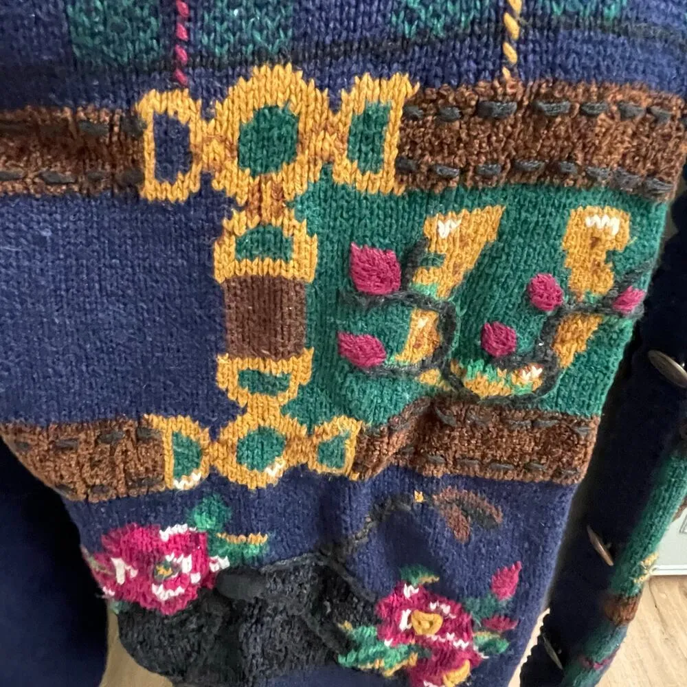 Jantzen Vintage Cardigan Knit Sweater Size XL Equestrian Horses Roses Womens - Image 3