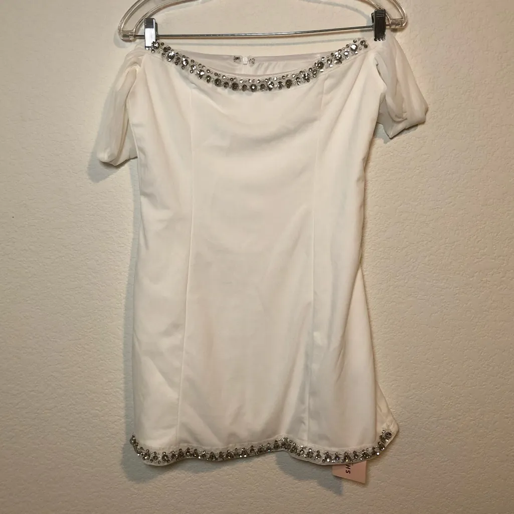 NWT White and Silver Rhinestone Strapless Mini Dress Size L Size L - Image 2
