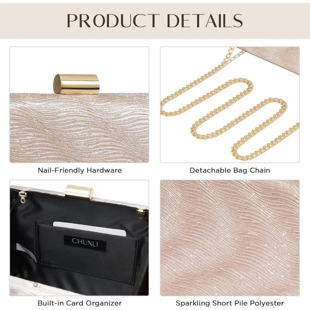 ⚡ Women's Detachable Chain Sparkly Evening Formal Parties Cream Clutch Bag - Image 7