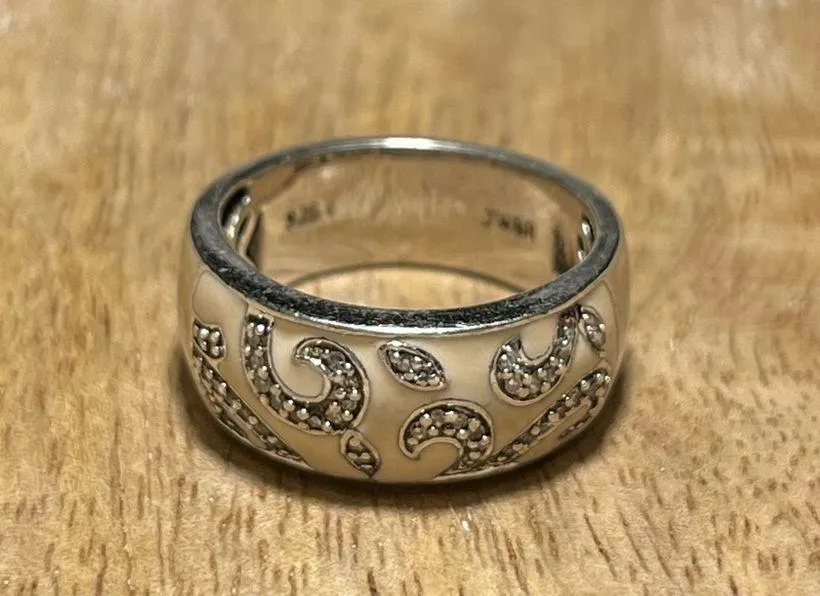 JWBR Artisan White Enamel & Diamond Floral Scroll 925 Sterling Silver Band Ring - Image 2