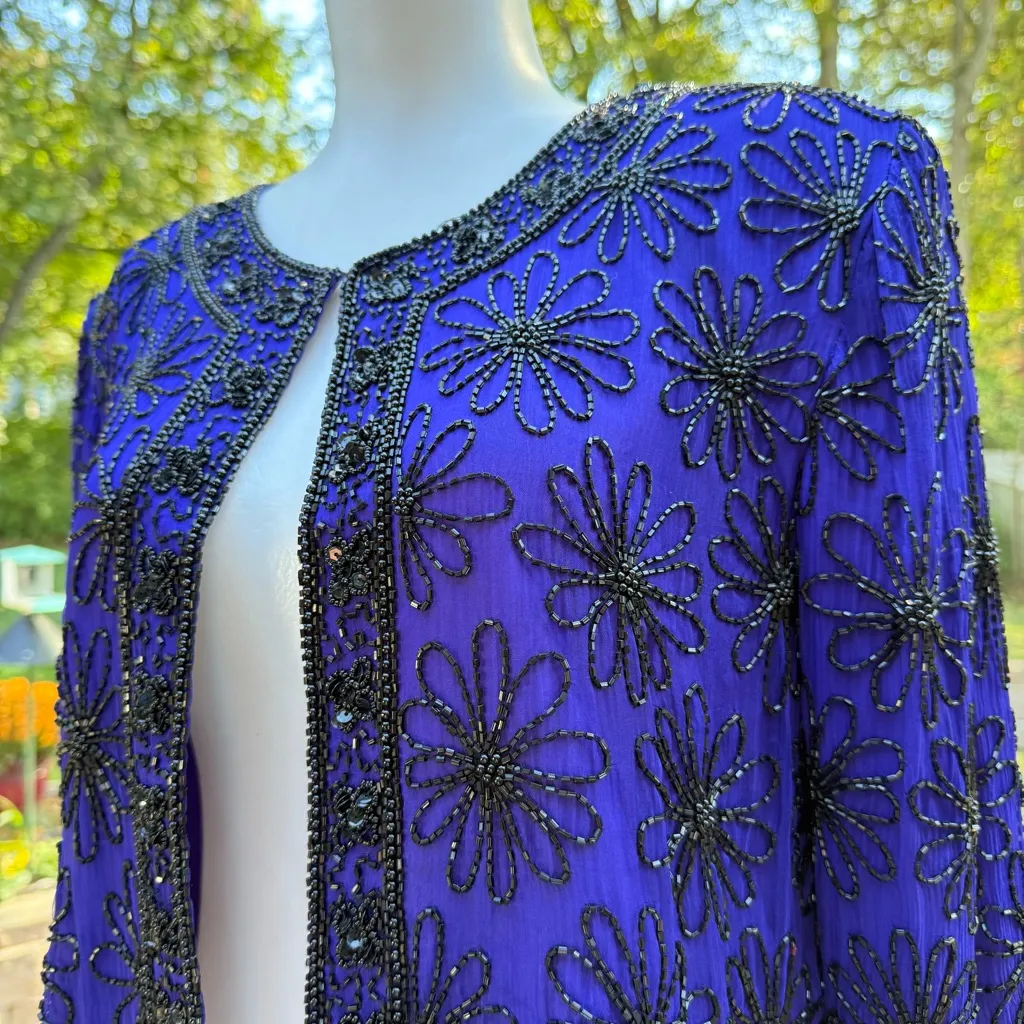 Stenay Jacket Royal Blue Purple ? Silk Black Bead Long Sleeve Lined Size M Size M - Image 2
