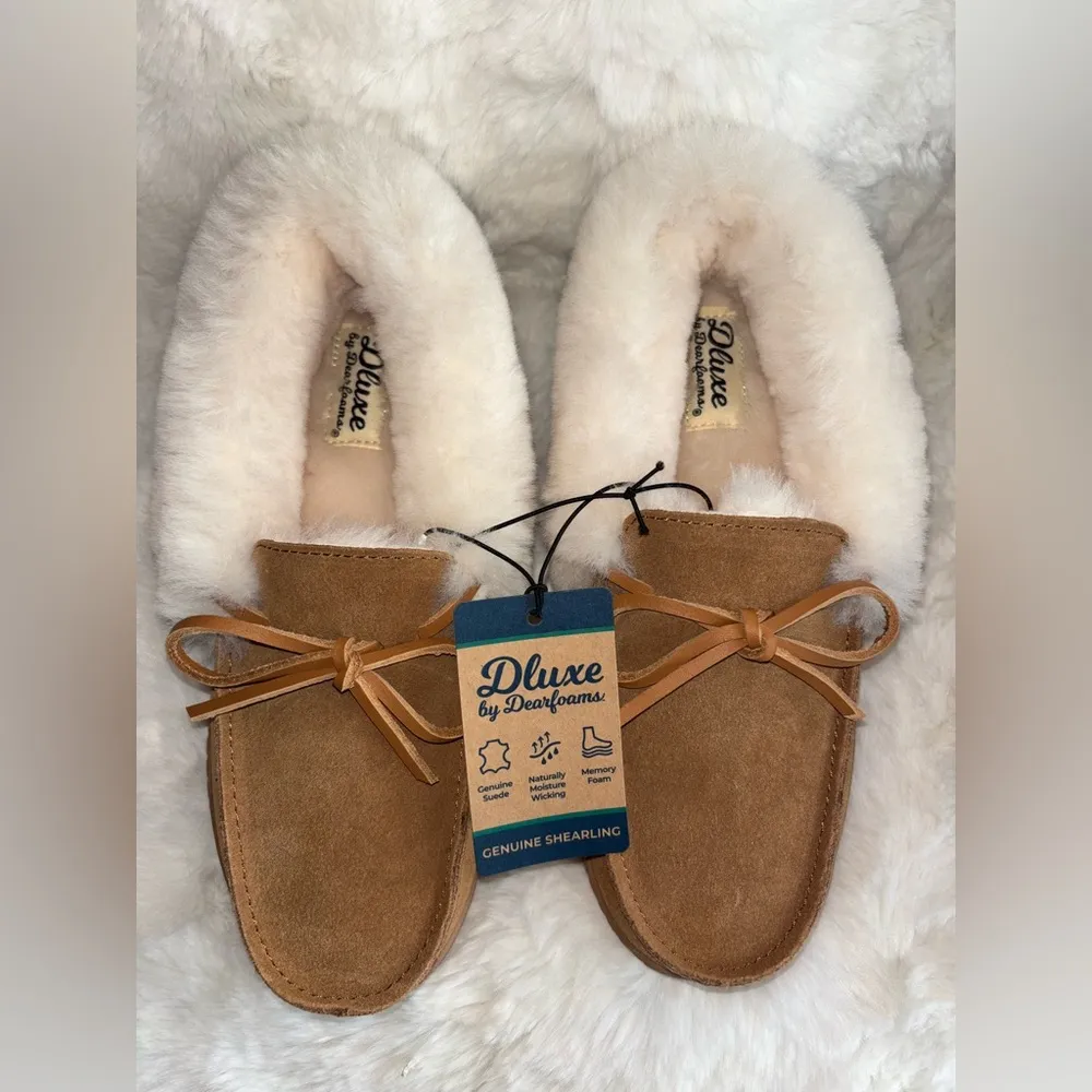 Genuine Leather dearfoams Deluxe Sherpa Fur Slippers -Size 6 NWTS NEW - Image 3