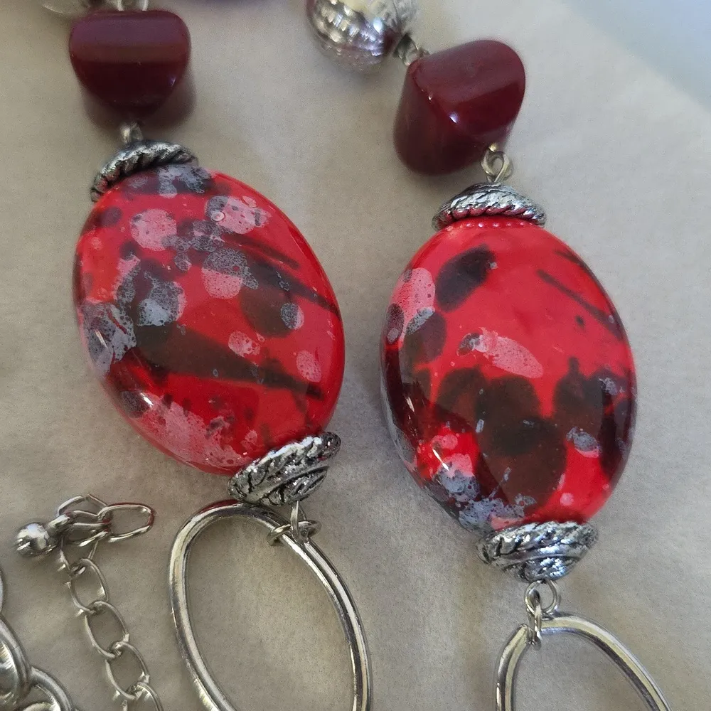 Silver with Red Art Glass and Acrylic Beads Long Necklace - Image 4