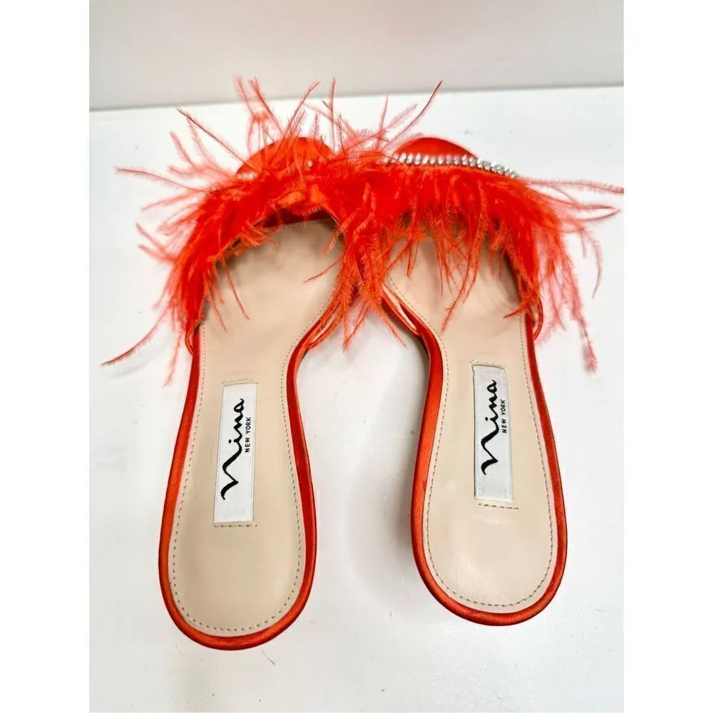 Nina Sandals Womens Size 6 Red Feather Embellished Slip On Open Toe Shoes - Image 4