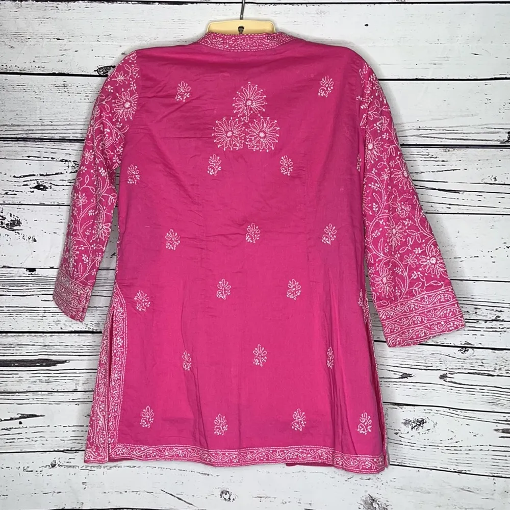 Gretchen Scott Designs Size S Pink w/ White Embroidered Cotton Jacket Cardigan - Image 3