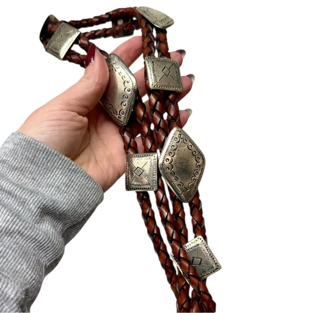 Vintage Braided Brown Leather Silver Concho Belt Western Bolo Style Rope Belt - Image 10