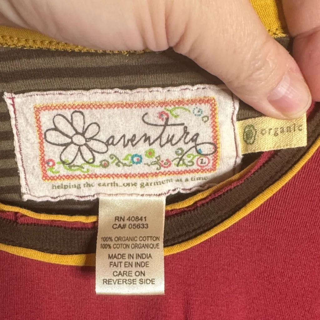 Aventura 100% Organic Cotton Long Sleeve Top with Striped Trim Size Large Red - Image 2