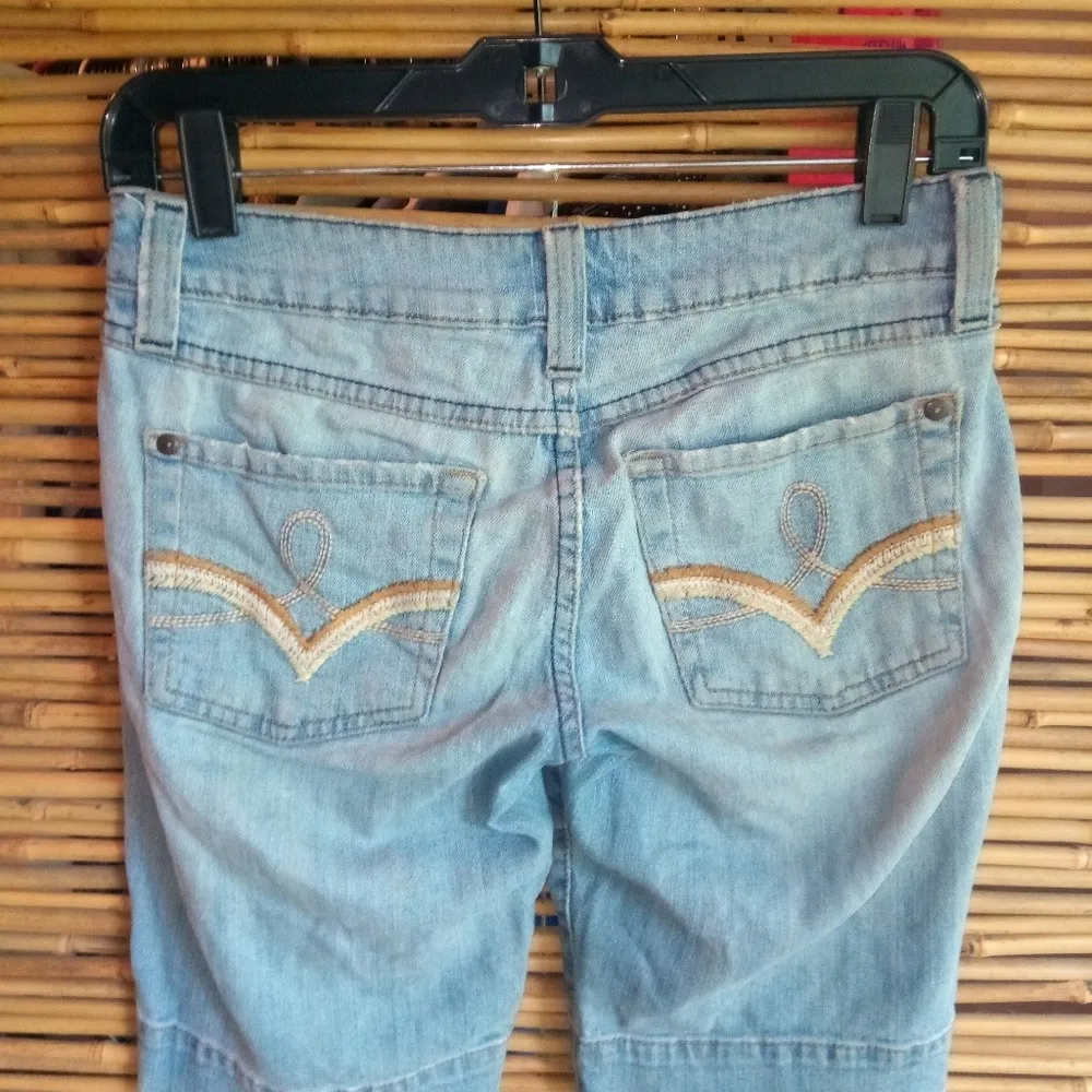 NoBo 5 28 Distressed Light Wash  Gold Stitch Pocket Jean Shorts - Image 3