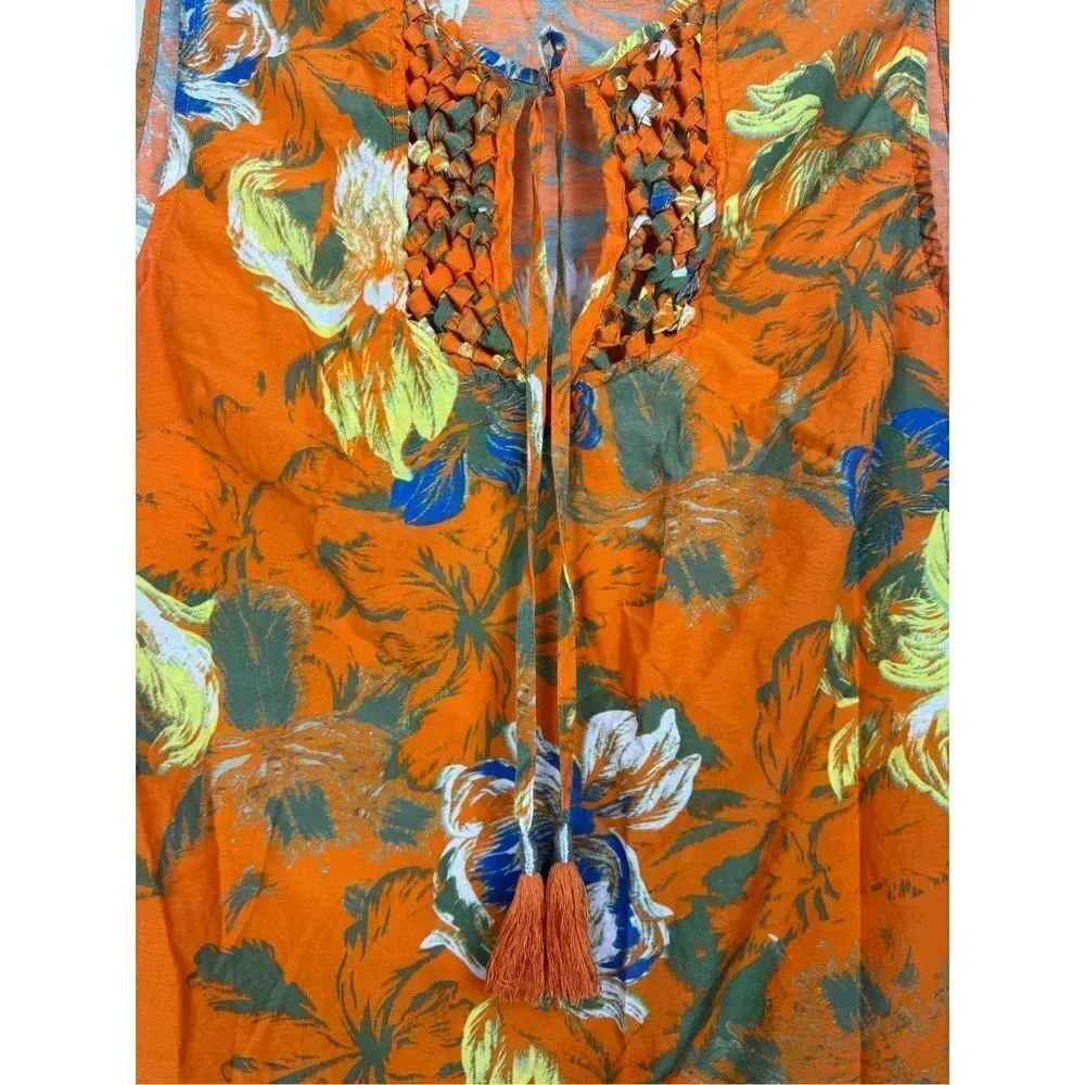 Joes Jeans Silk Blend Hawaiian Floral Resort Sleeveless Blouse M Orange Tassels - Image 4