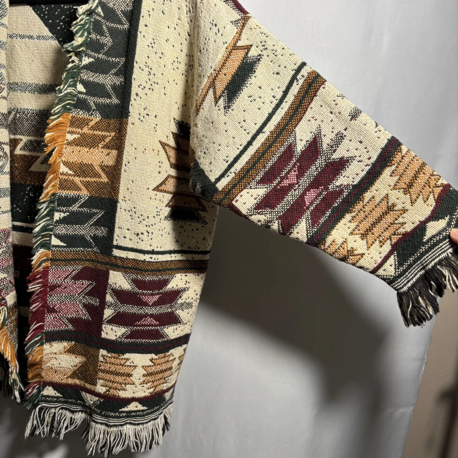 Southwest Fringe Tapestry Blanket‎ Coat Cardigan Boho Open Sweater Aztec Print L Brown Size L - Image 3