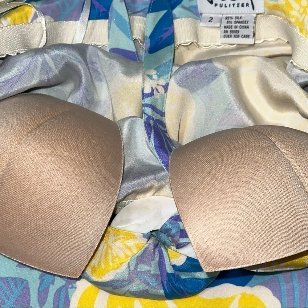 Lilly Pulitzer Vintage Size 2 Blue Yellow Hibiscus Floral Print Silk Halter Top - Image 7