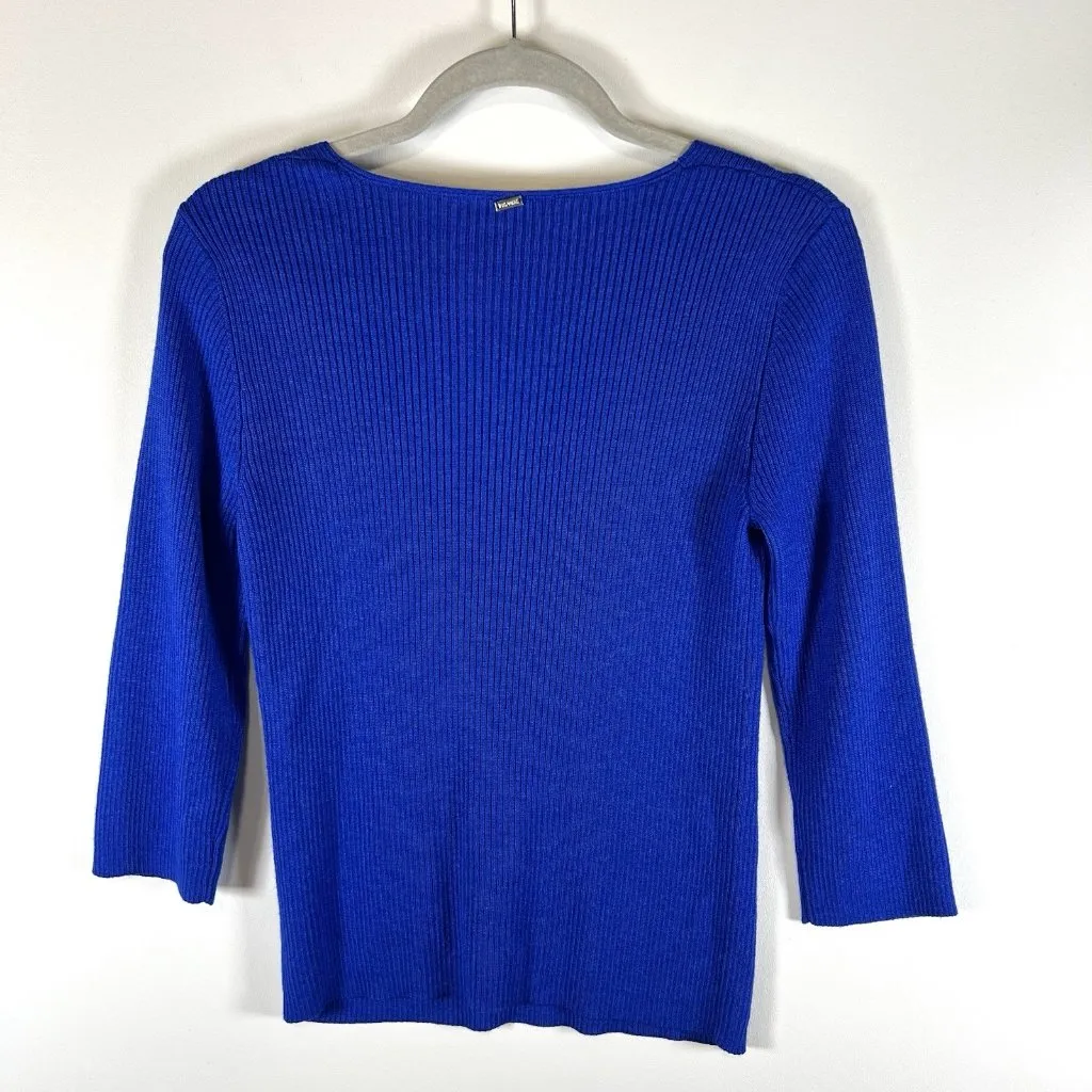 St. John Cobalt Blue Ribbed Knit Sweater Womens Sz M Designer Wool Silk Cashmere - Image 7