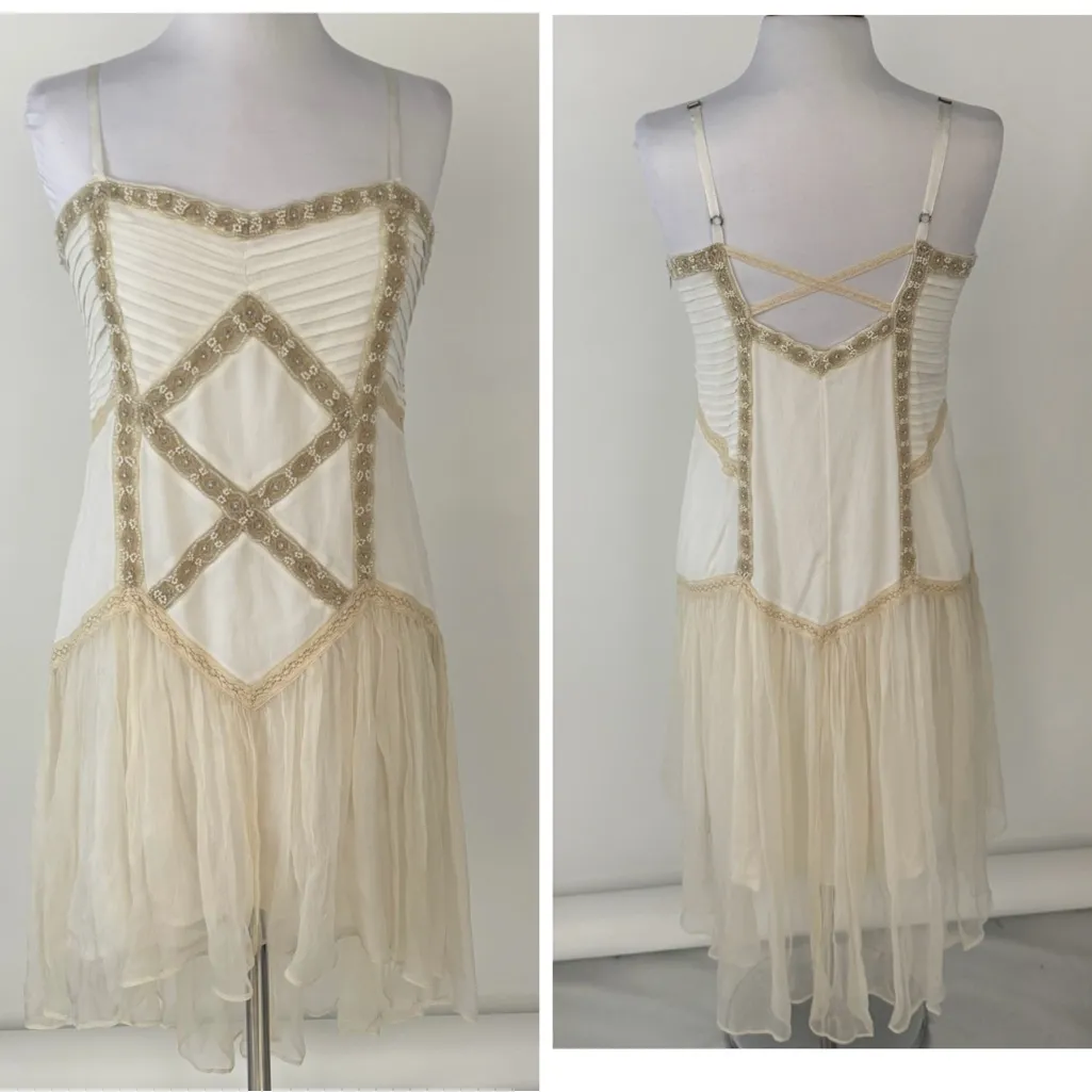 Free People Beaded Lace Cream High Low Dress Boho Wedding Festival Medium Large - Image 2