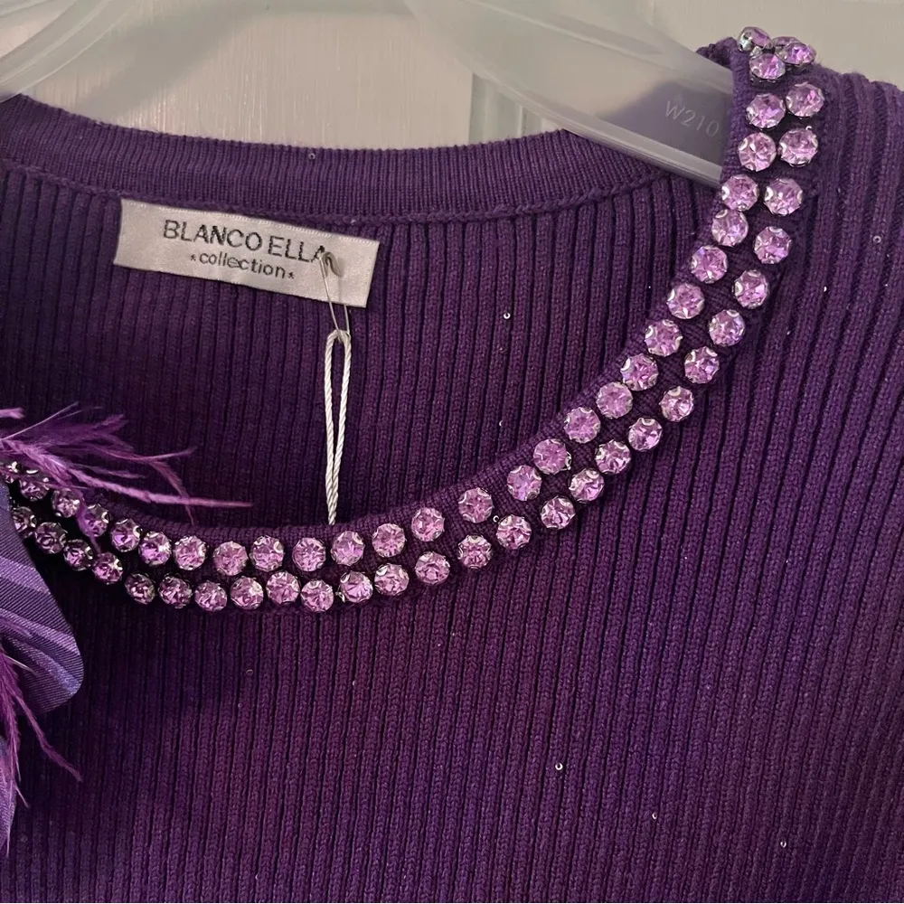 Women’s Purple Floral Rhinestone Ribbed Long Sleeve Crop Top Size XS - Image 5