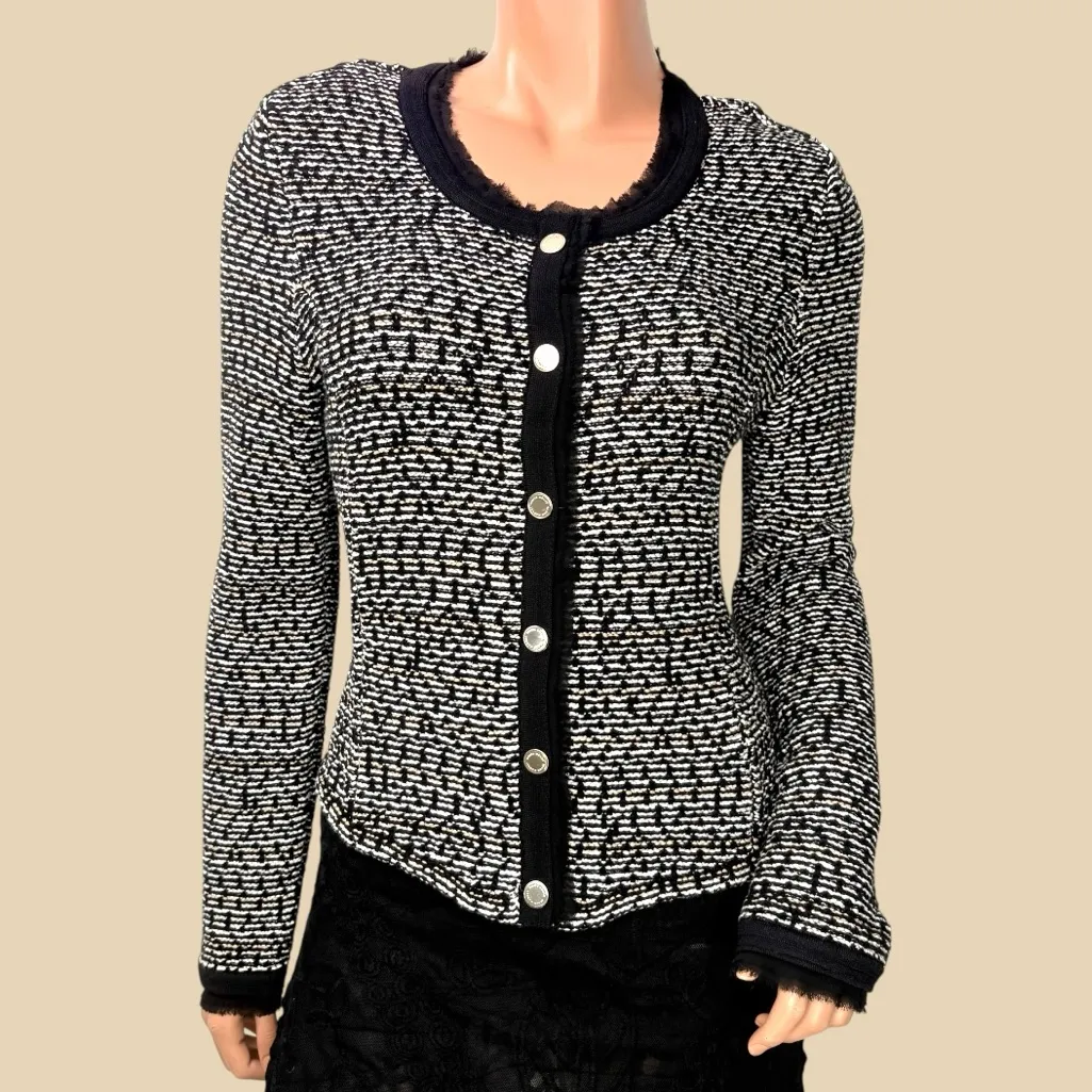 WHBM Women’s‎ S Crop Sweater Jacket Dark Coquette Tweed Black Ecru Goth Office - Image 3