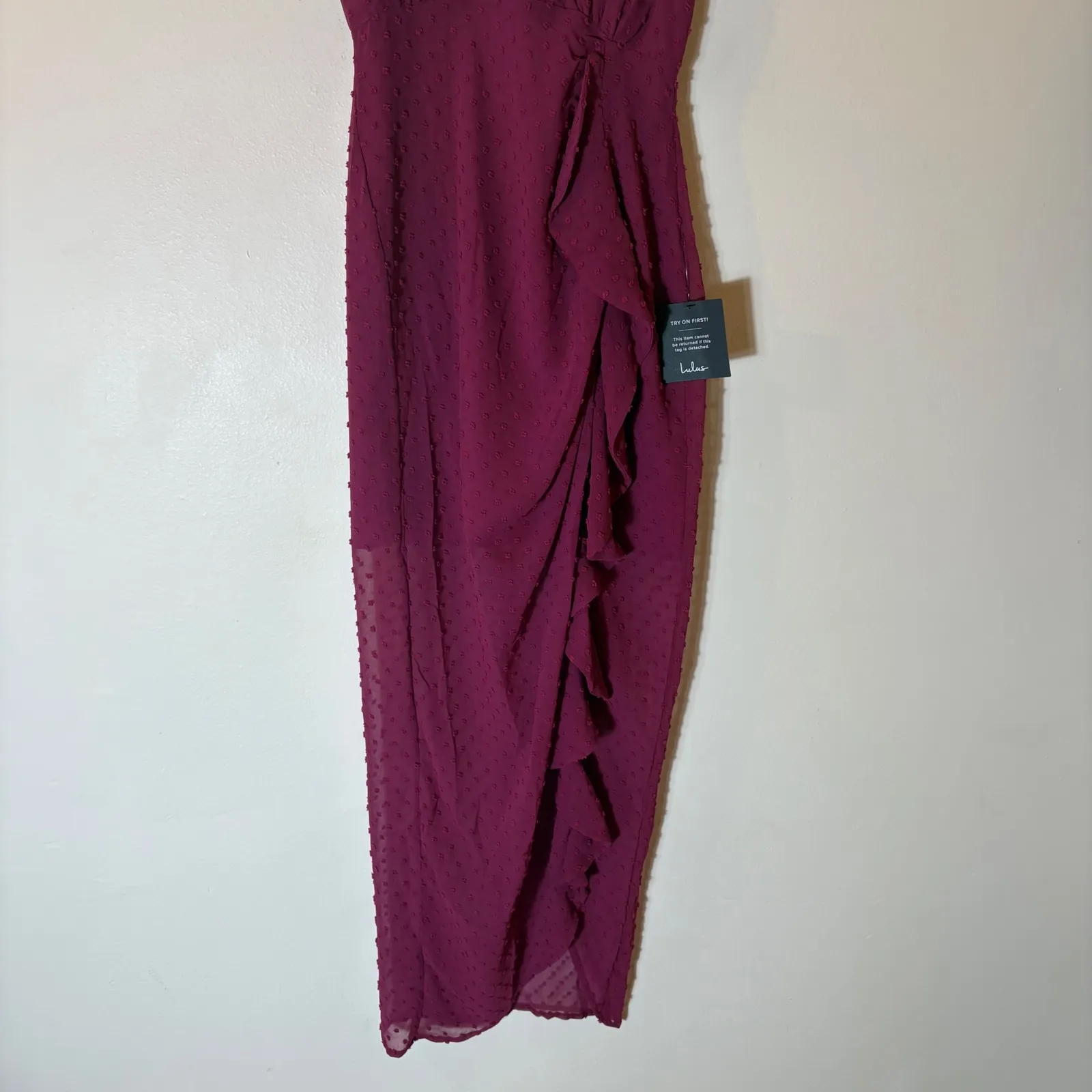 Lulus For Us to Dance Magenta Swiss Dot Ruffled Midi Dress Size XS NWT - Image 4