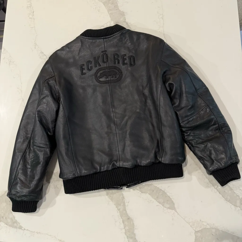 Vintage Y2K Ecko Unlimited Reversible Leather Bomber Jacket Red Fur Womens Large Black - Image 10