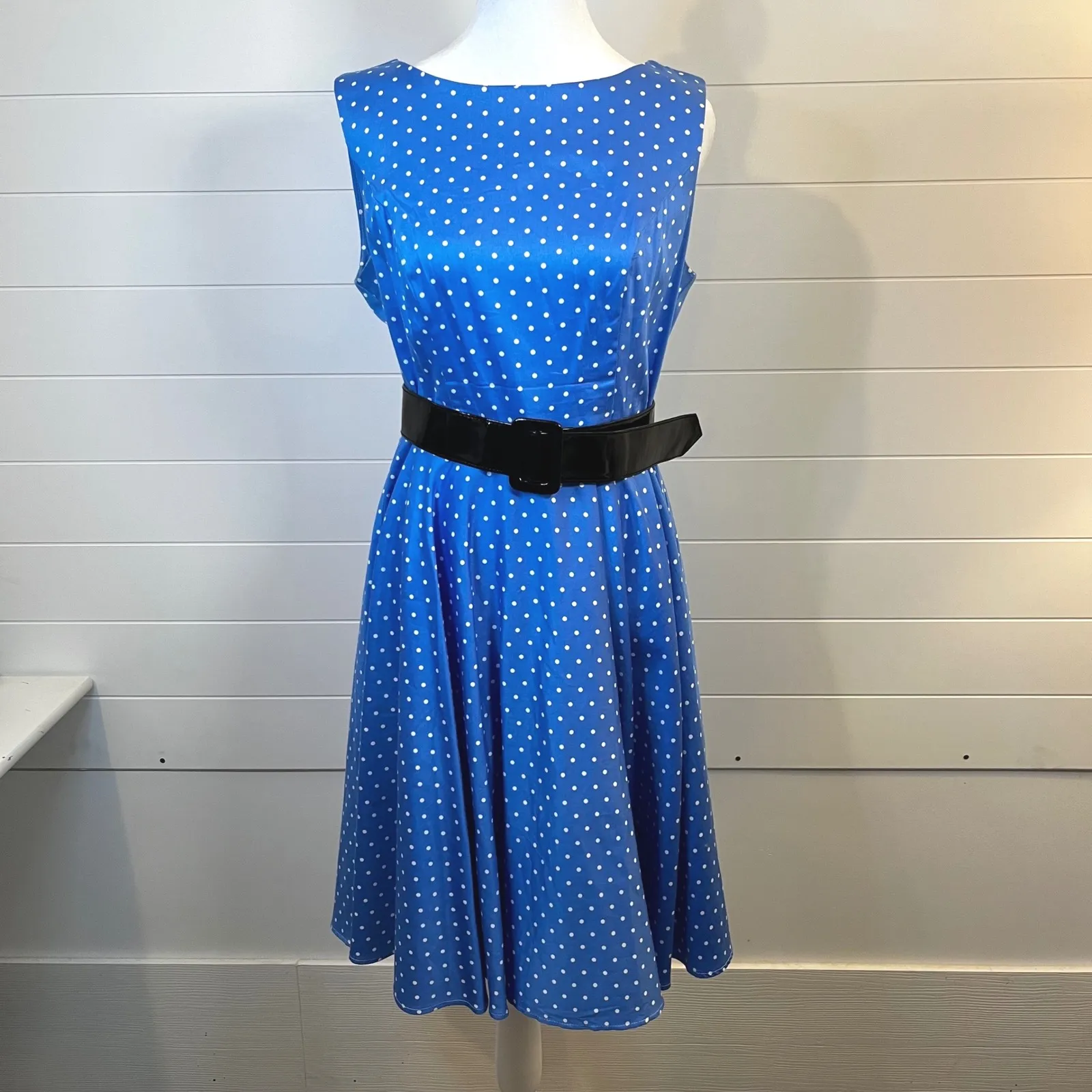 Grace Karin Polka Dot Dress Fit and Flare Retro Style Blue White Party Large - Image 2