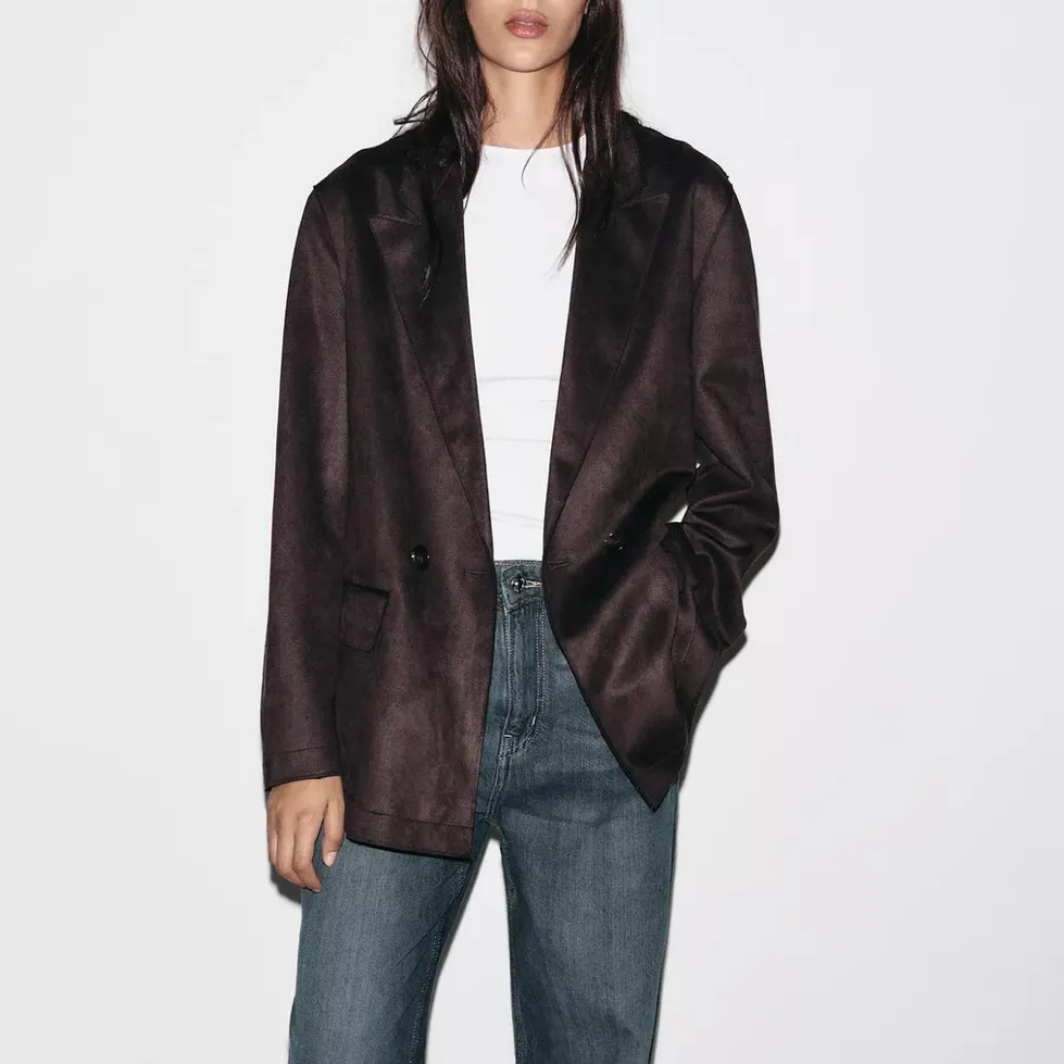 Zara NWT dark brown faux suede double breasted collared blazer jacket - Image 3