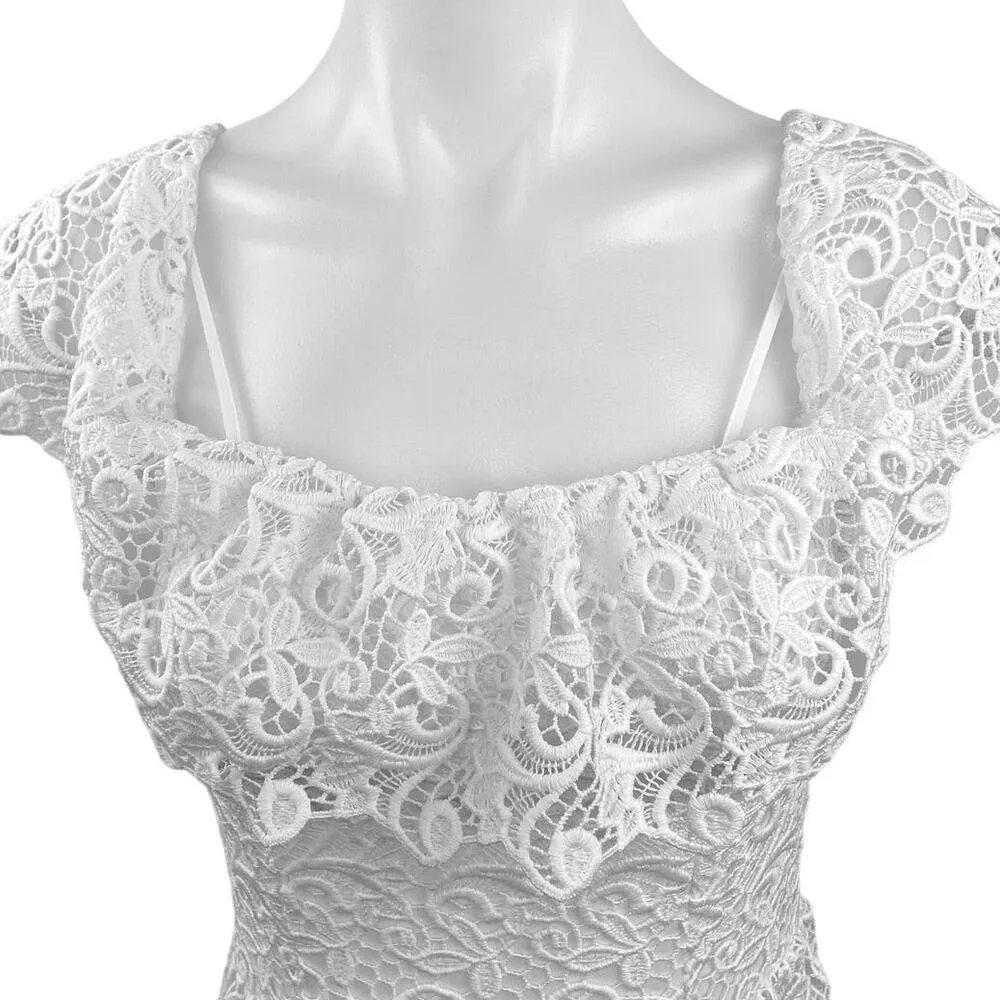 H&M White Lace Off The Shoulder Frill Sleeves A-Line Lined Midi Dress Size 4 - Image 5