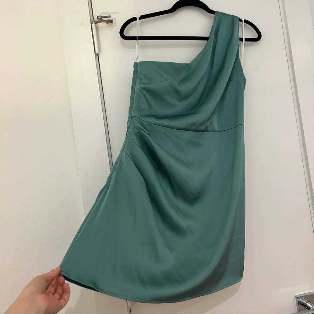 Lulu’s Love Me Tonight Sage Green Satin One-Shoulder Mini Dress - Image 6