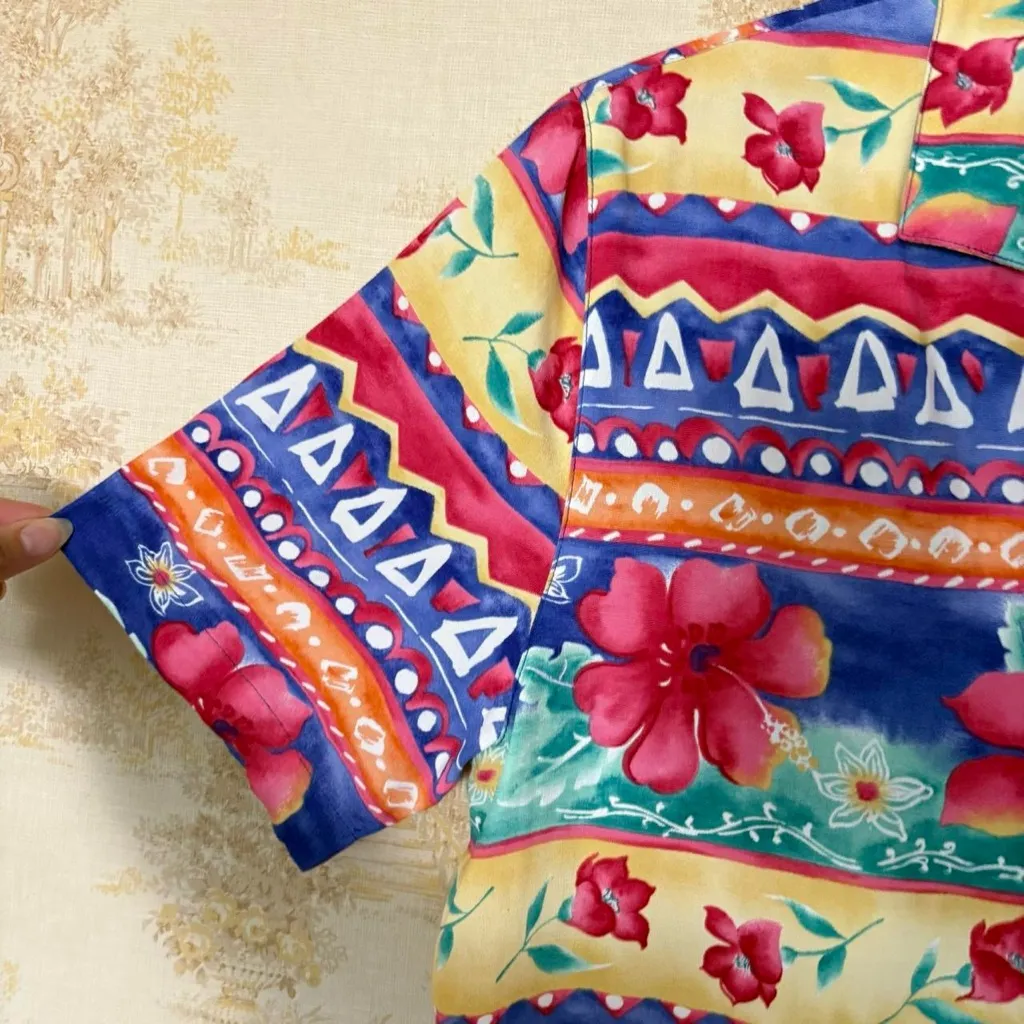 Vintage 90s Alfred Dunner Hawaiian hibiscus short sleeve button down shirt 12 Pink - Image 2