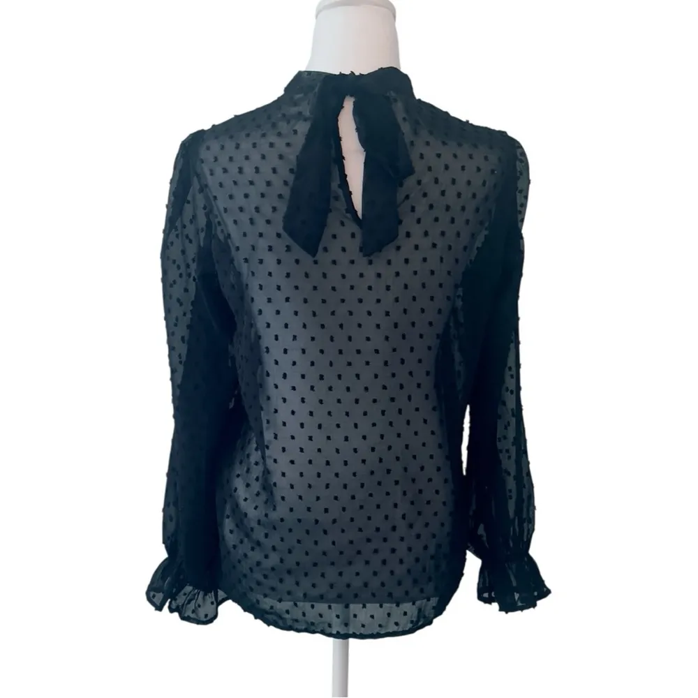 Black Ruffled Long Sleeve Blouse with Mandarin Collar Size M - Image 2