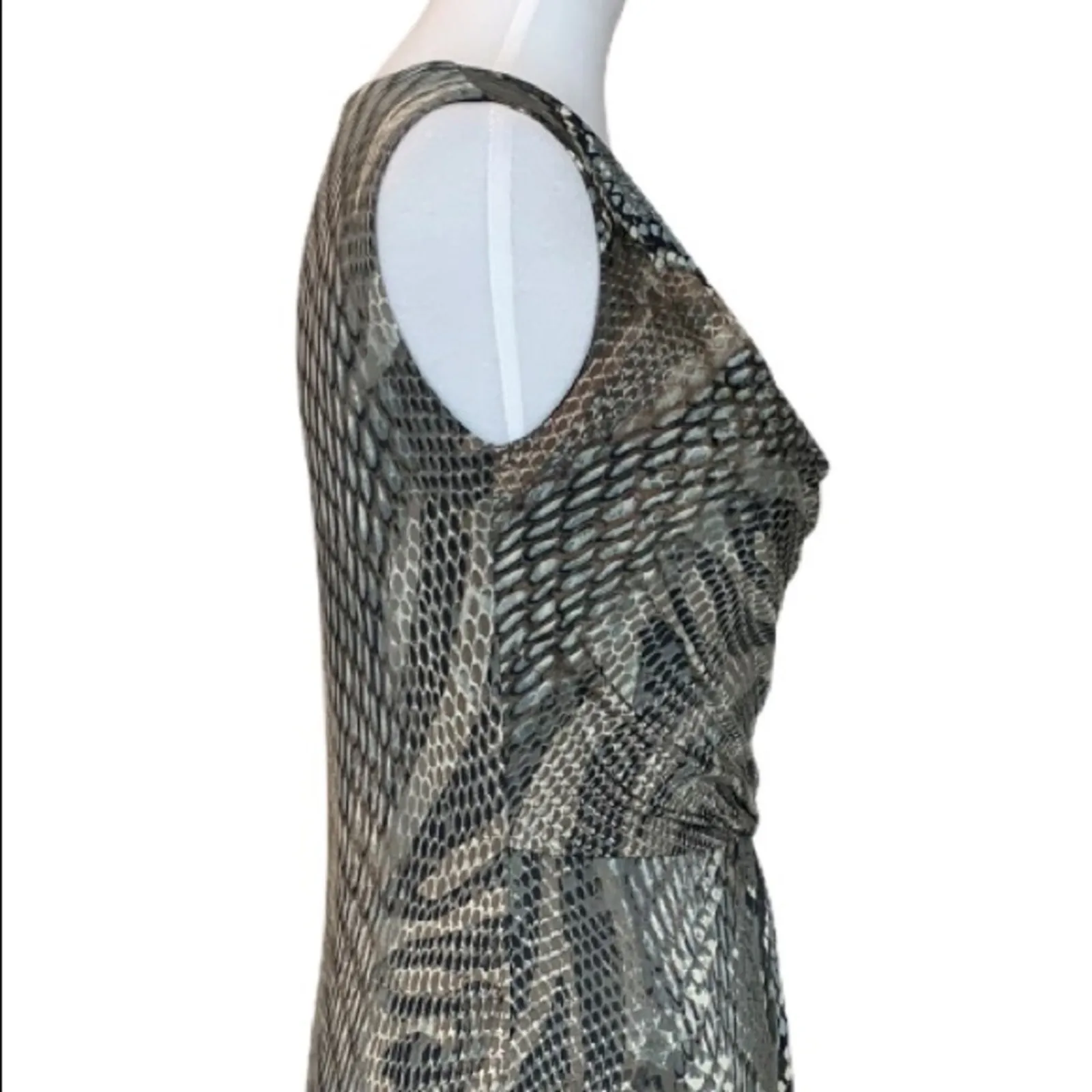 Dressbarn Sheath Dress Drape Cowl Neck Gray Tan Snake Print Women's Size 4 - Image 7