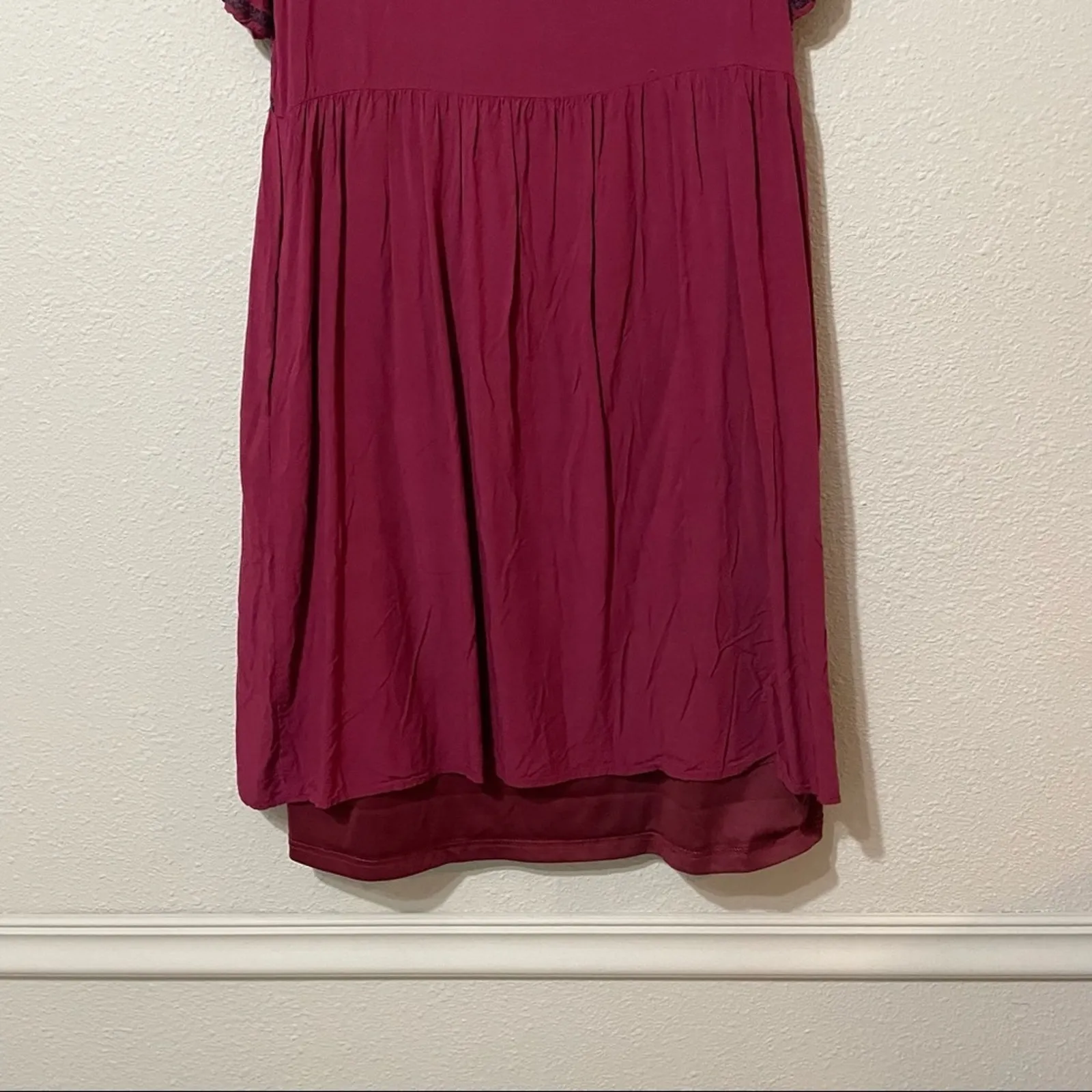 Polagram Burgundy Boho Embroidered Boho Short Sleeve Babydoll Dress Womens S - Image 7