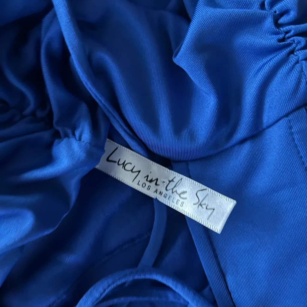 Lucy in the Sky Strapless Dark Blue Dress SZ S Tie Back Ruffled Sheath Designer - Image 15