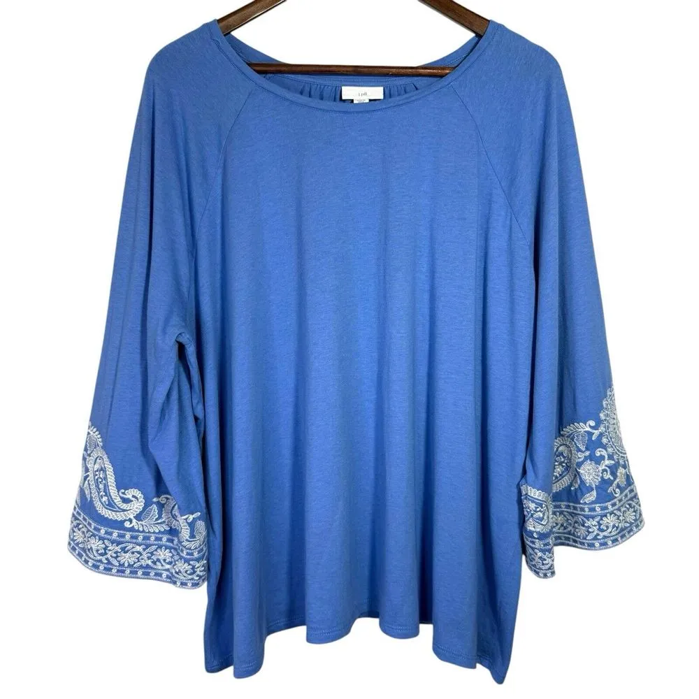 J. Jill Embroidered‎ Blue Blouse | Women's 2X | Cotton Modal Top | Wide Sleeve Size XXL - Image 2