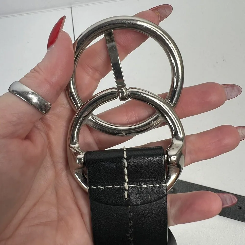 Olga Santini Women’s Size L Leather Belt Black DOUBLE OO Buckle Silver Toned - Image 4