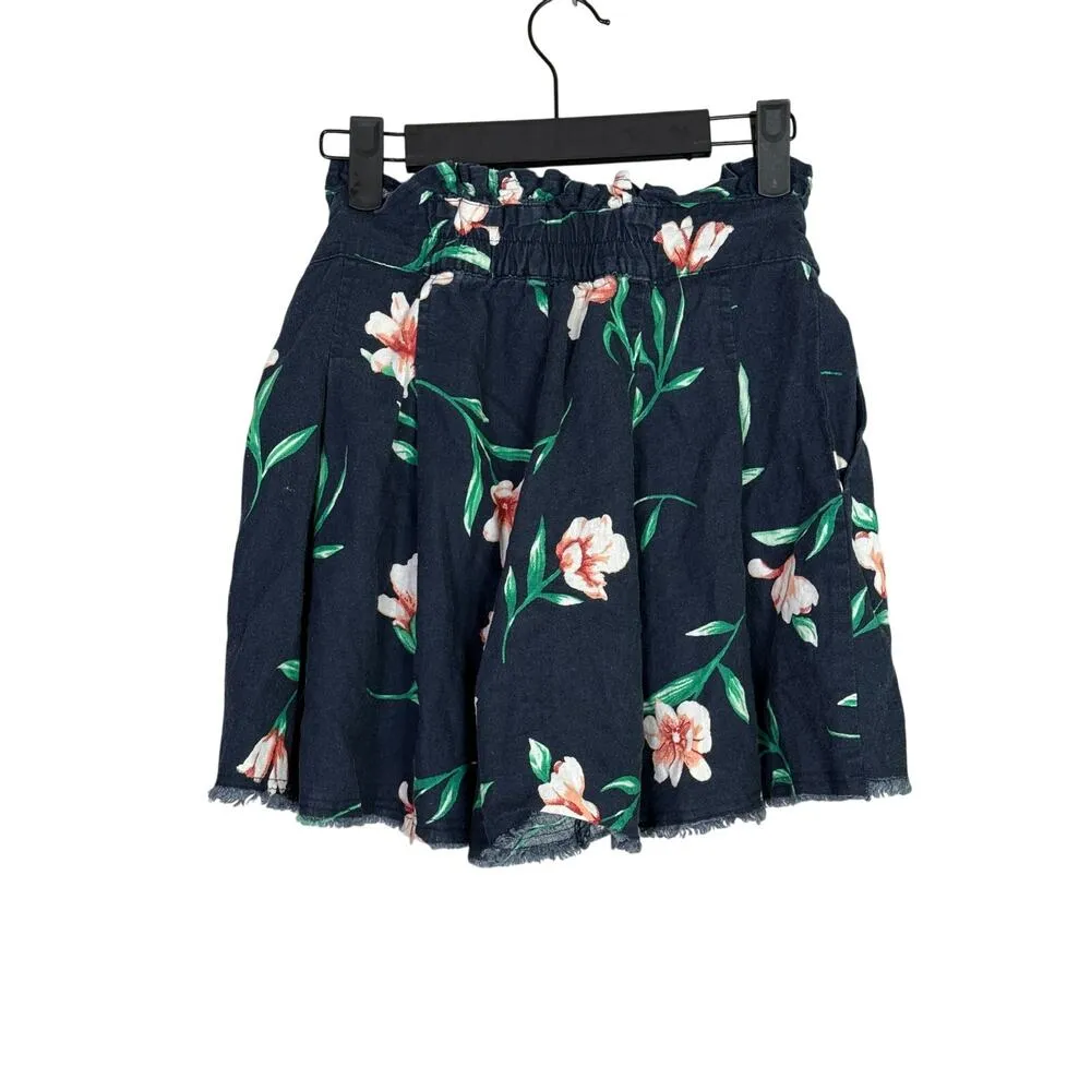 Moon River High Waisted Paperbag Pleated Loose Fit Belted Floral Shorts M Blue Size M - Image 16