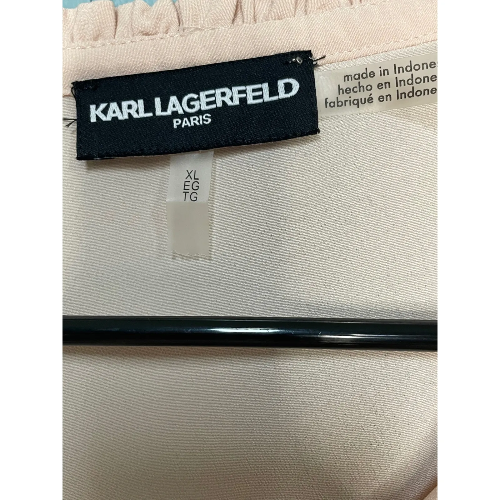 KARL LAGERFELD PARIS Womens Blouse XL Pink Ruffle Pearl Sleeve V Neck Tie Neck - Image 4