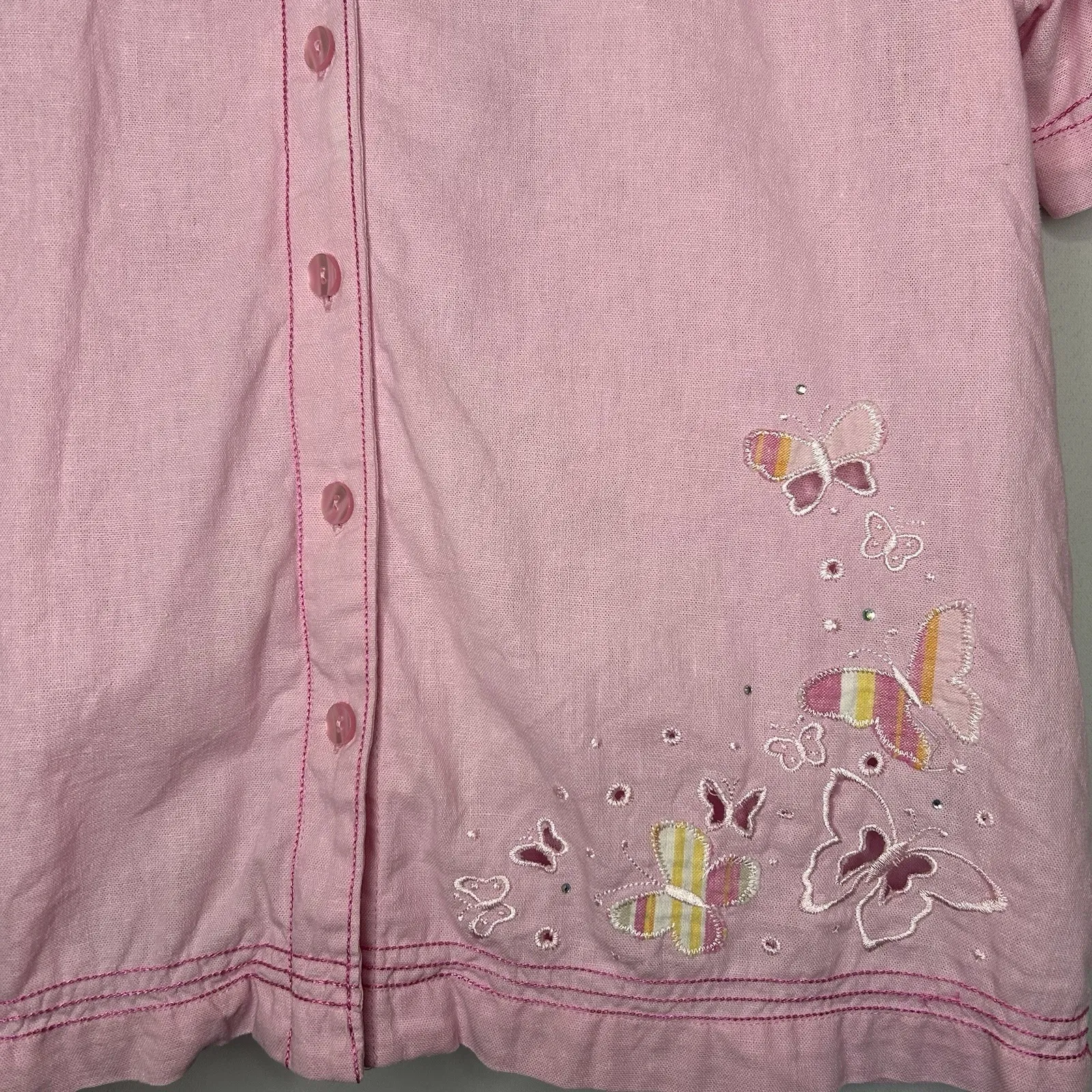 Erika Size Large Pink Short Sleeve Shirt Butterfly Button Up Linen Blend VTG - Image 4