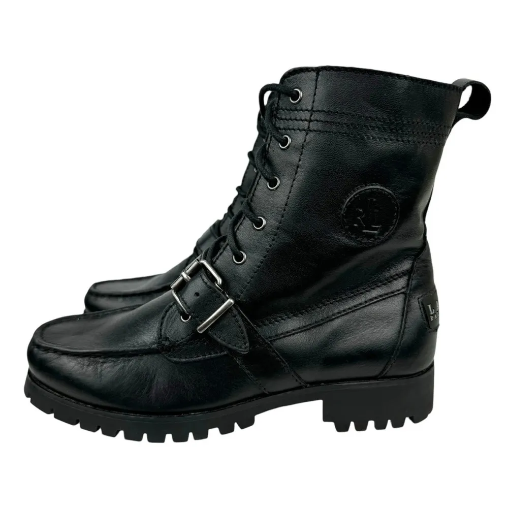 Lauren Ralph Lauren Zera Leather Lace Up Ankle Boots Black Buckle Womens Size 7B - Image 5
