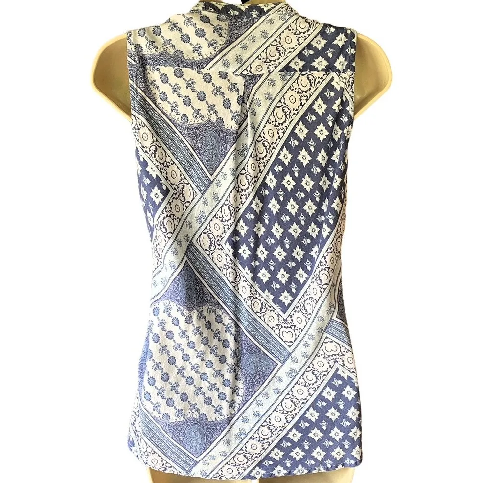 AVENTURA Boho Blue Paisley Lace Up Front Bohemian Sleeveless Blouse ~ Women's S - Image 4