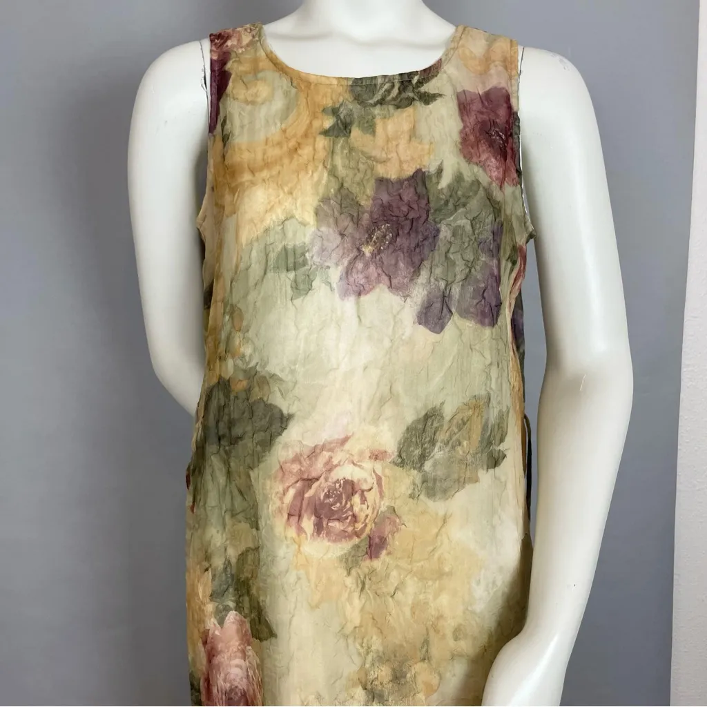 Vintage 90s Dress Floral Sleeveless Crinkly Fabric Tie‎ Waist Sz 11/12 Angelcore Green - Image 3