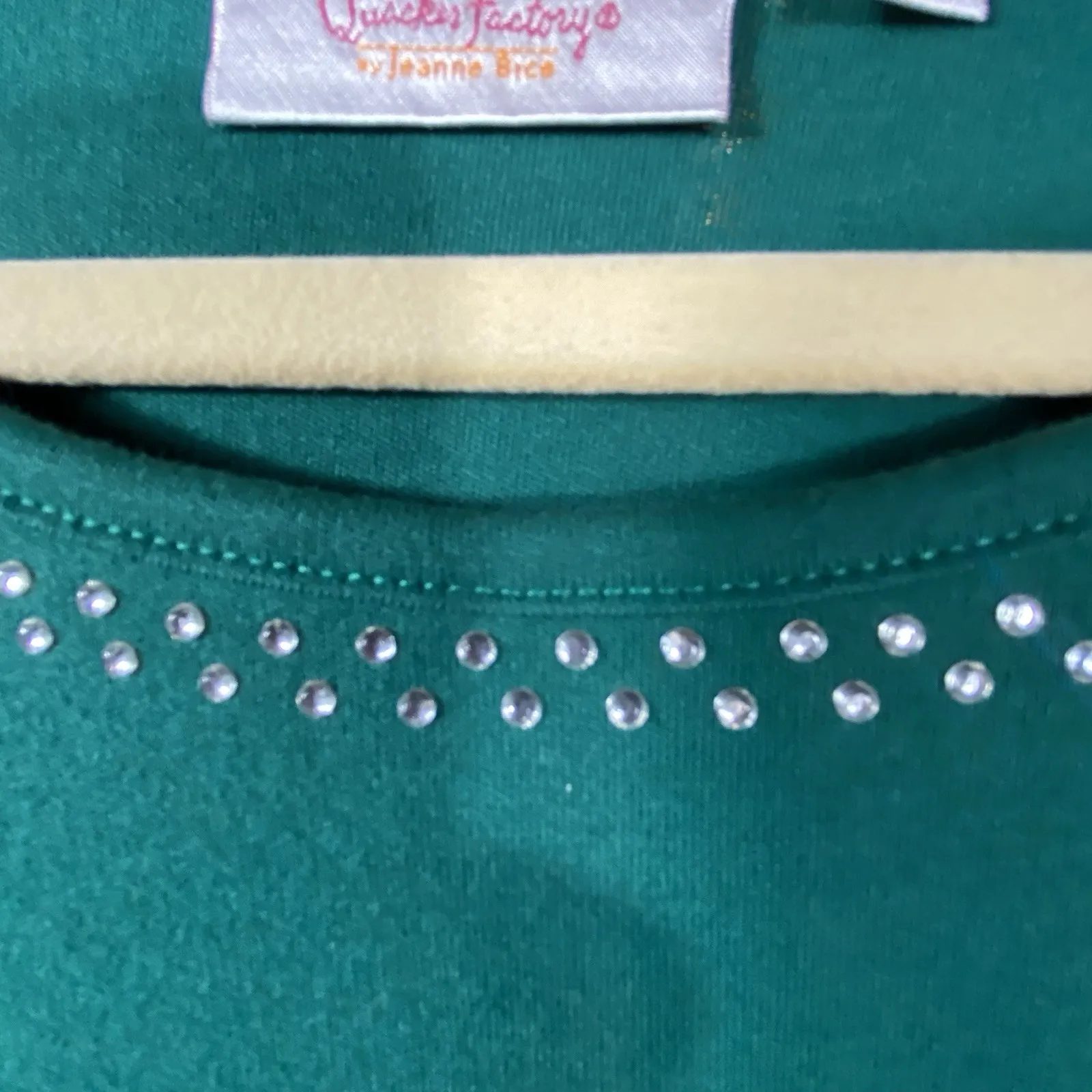 Quacker Factory Shirt Large Green Velour Sleeve Baseball Top QVC Comfy Stretchy - Image 4