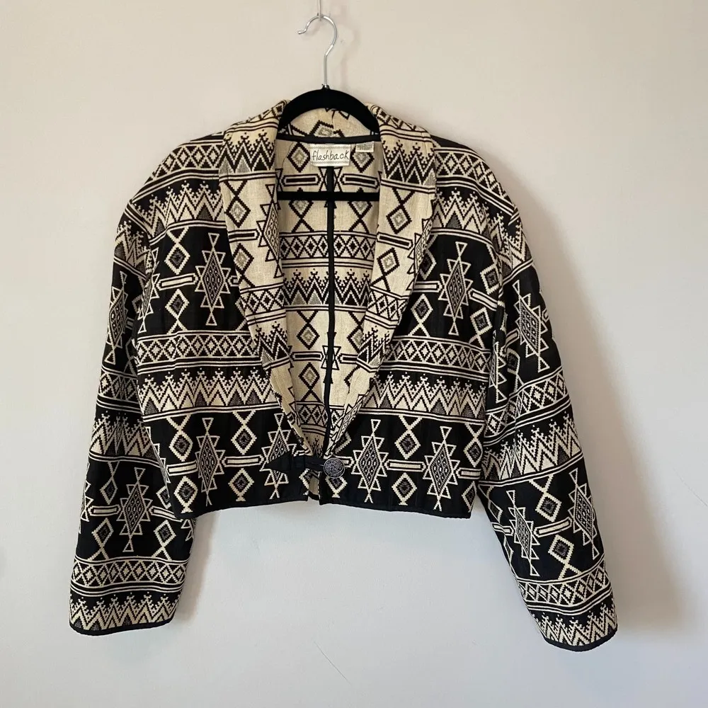 Black White Tapestry Southwestern Aztec Tribal Jacket Size Large Vintage 90's Size M - Image 3