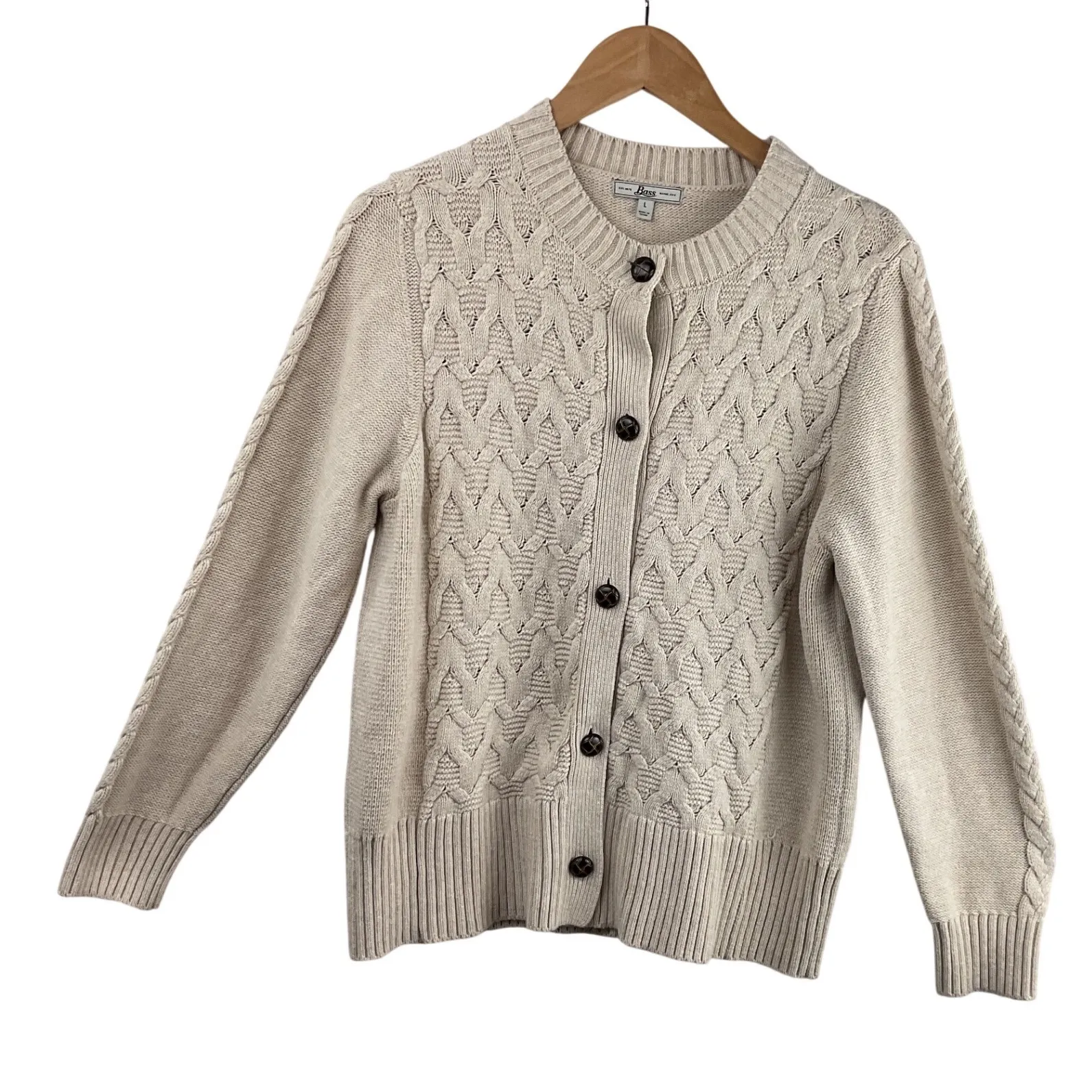 G H Bass & Co Cable Knit Cardigan Sweater Beige Button Front Long Sleeve Women L Tan Size L - Image 4