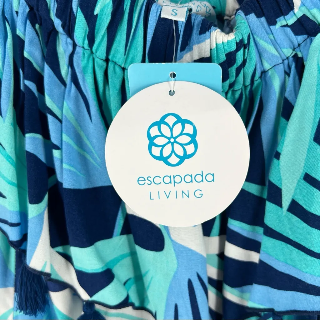 Escapada Living Monica Tassel‎ Dress Blue Tropical Leaf Print Off The Shoulder - Image 2