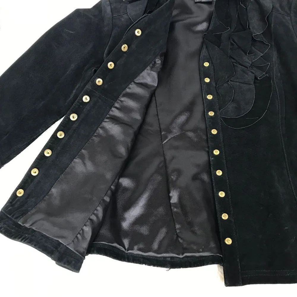 VINTAGE Berek Black Suede Leather Jacket Ruffle Neckline Button Front Size Large - Image 12