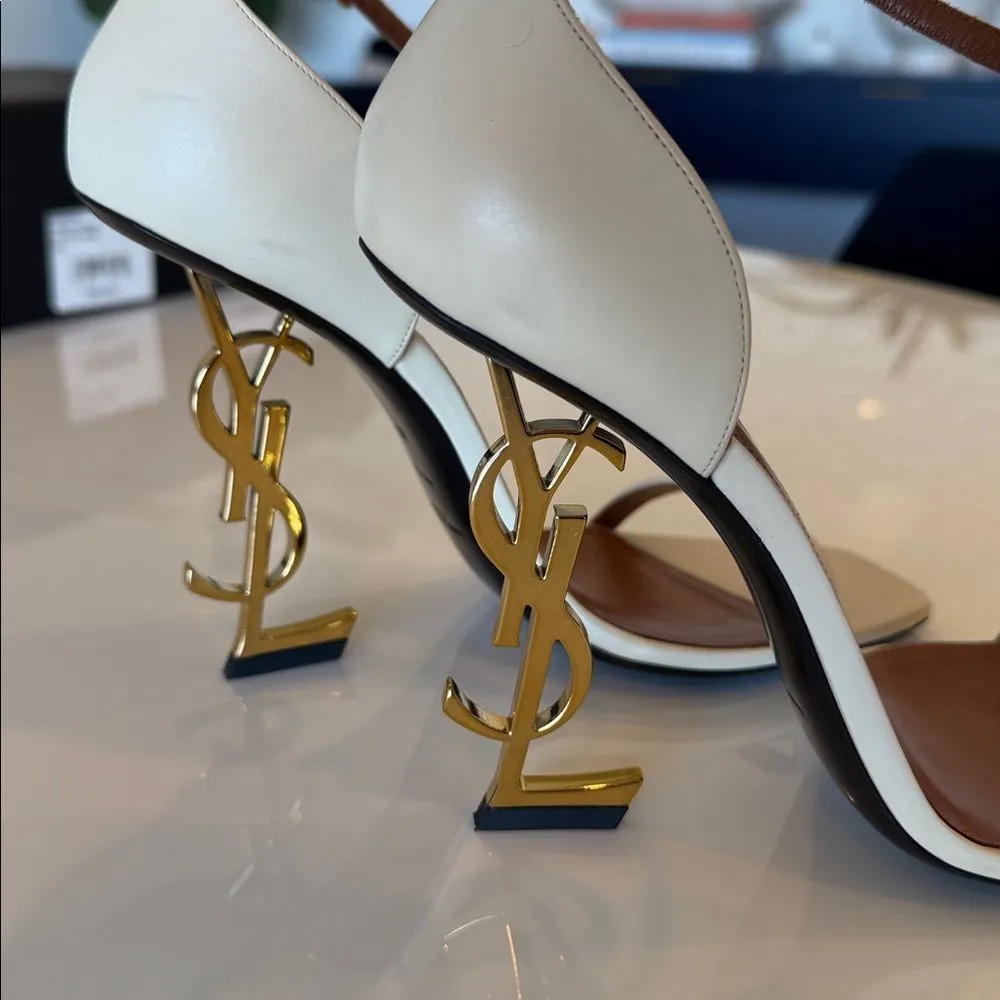 Saint Laurent Opyum YSL Logo Beige Gold High Heel Sandal Size EU 40 US 10 - Image 4