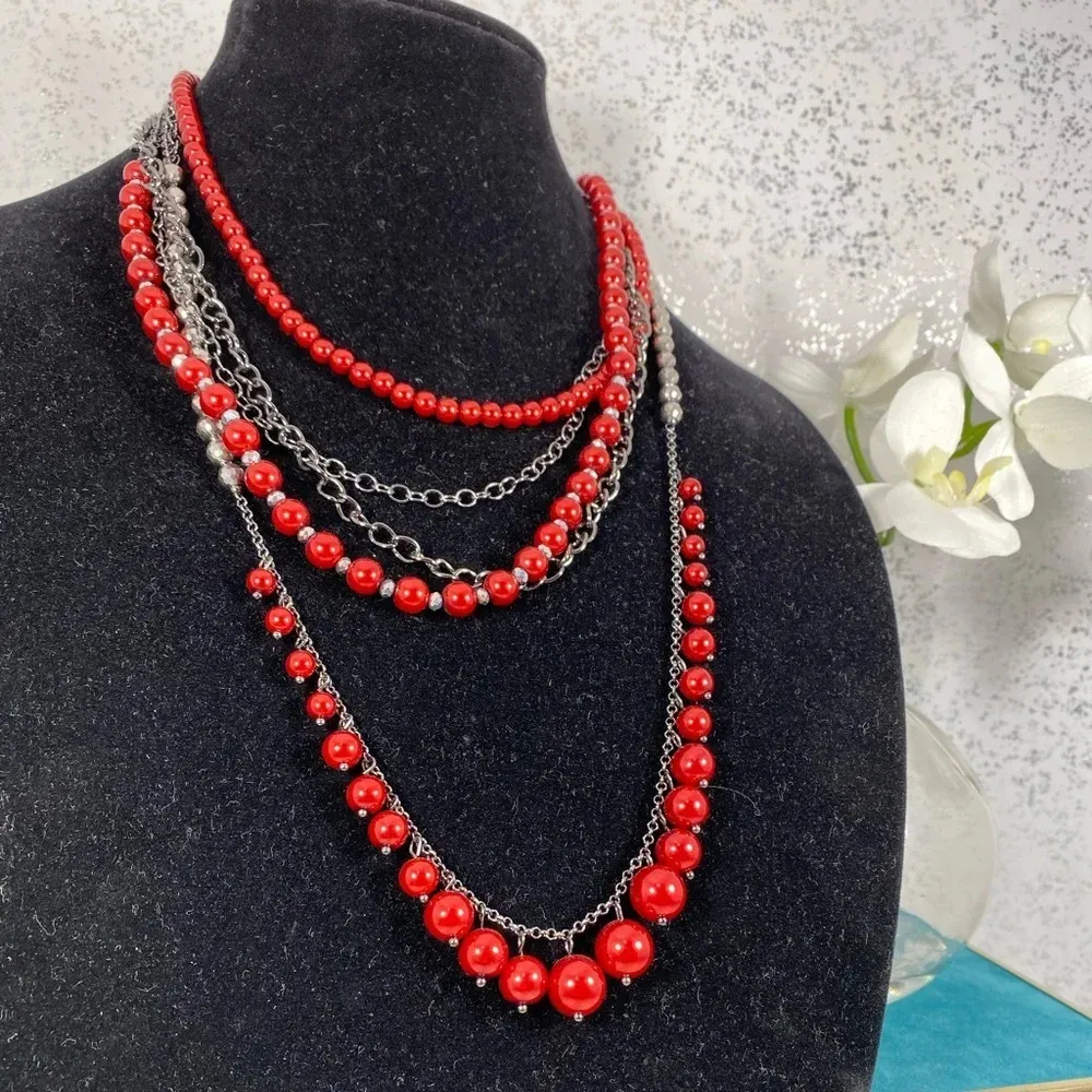🆕 Ocasion Brand Red & Silver Layered Necklace - Image 3