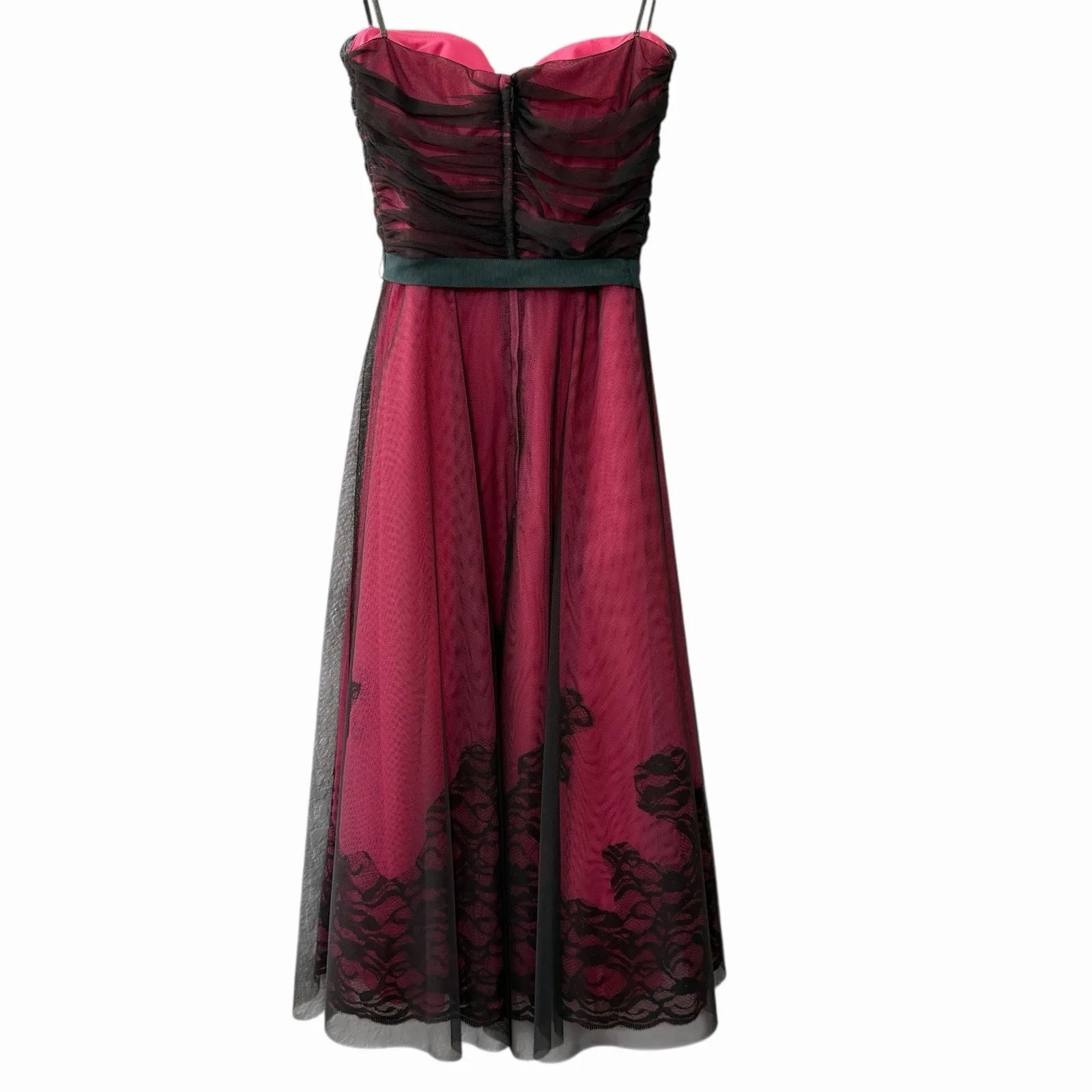 BCBG Max Azria Strapless Tulle Lace Dress XS Pink Black WhimsyGoth Vampy Formal - Image 3